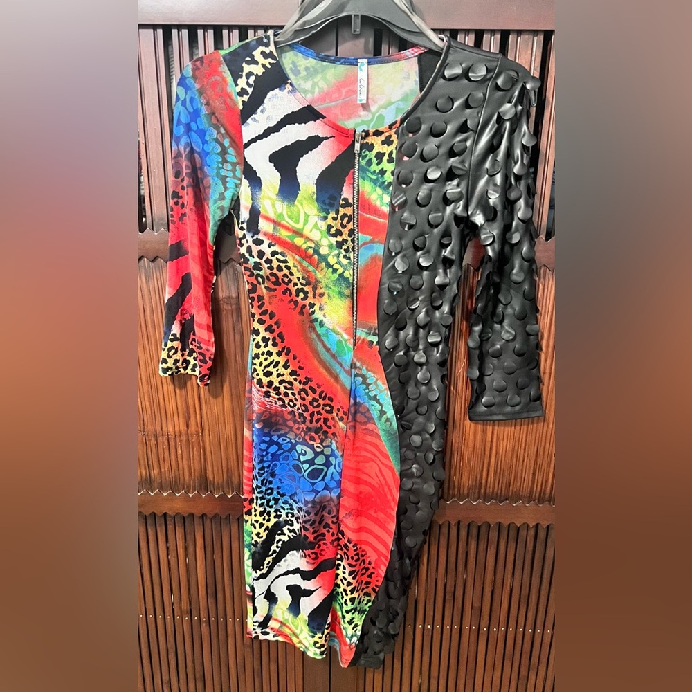 Ambition Animal Print and Black Pleather Textured Dress